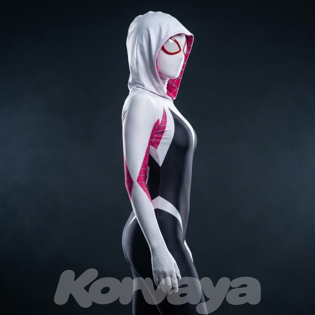 White & Pink superhero suit, side view